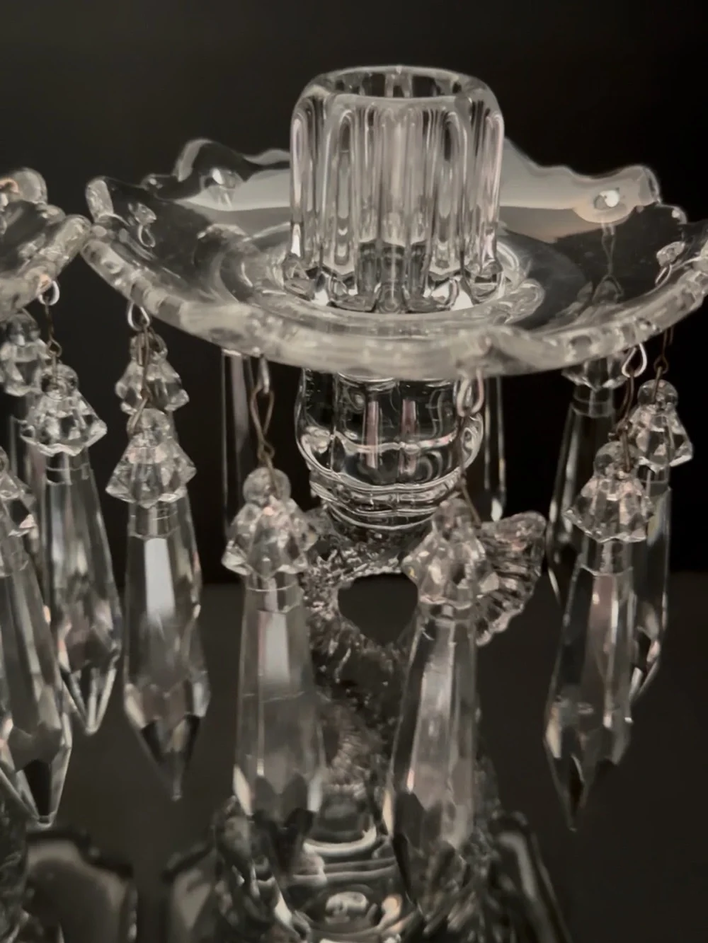Pair of Cambridge Glass Candle Holders Fish Figure Bases w/Crystal Prisms 9,5